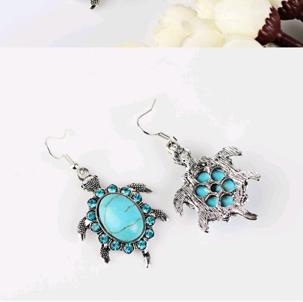 NWT Turquoise Sea Turtle Necklace & Dangle Earring Set - Boho - Silver - Picture 5 of 9